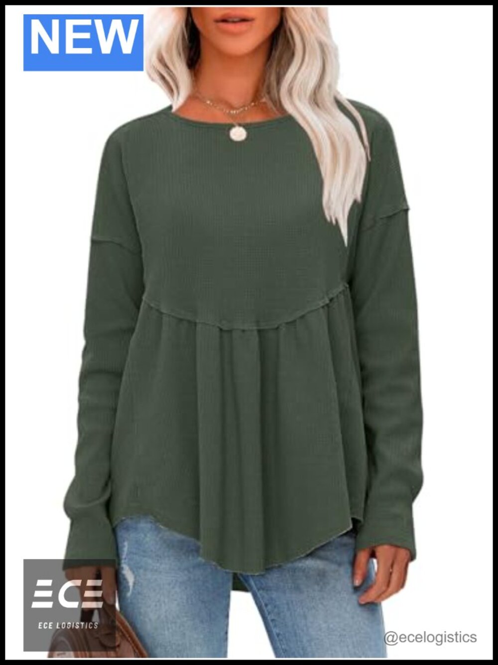 Waffle Knit Long Sleeve Tunic Top Crewneck Loose Babydoll Maternity